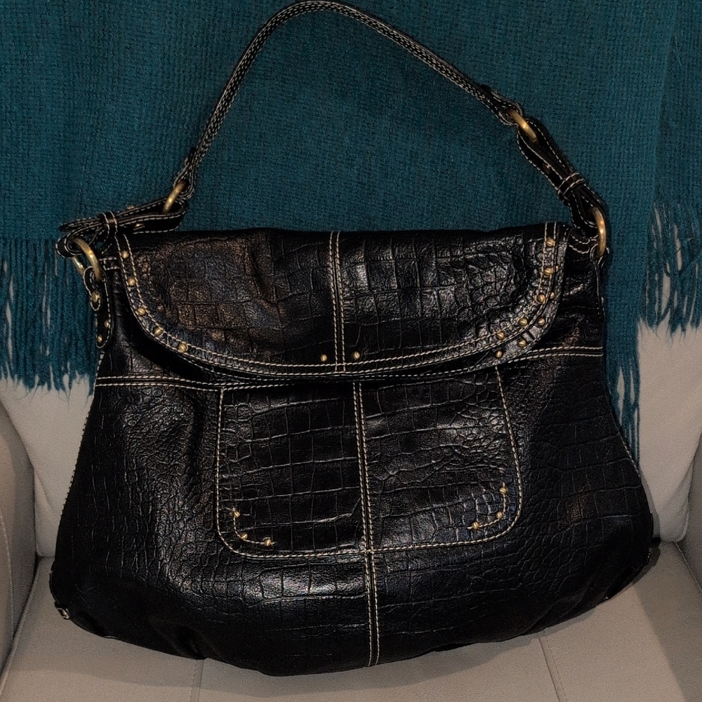 Maxx New York Black Crocodile-Embossed Shoulder Bag